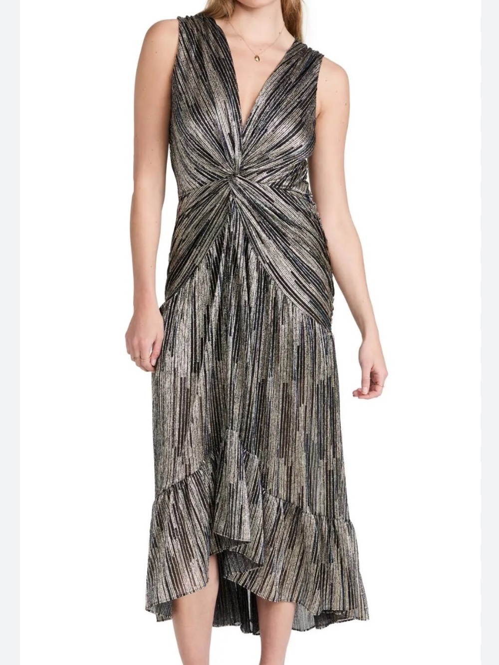 NEW Misa Los Angeles Ava Metallic Plunge Neck High-Low Dress